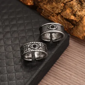 Vintage Horus eye open ring set, retro alloy hip-hop jewelry detail shot showing unique design.