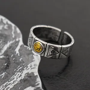 Vintage Eye of Horus metal ring for men, gothic open adjustable hip-hop statement jewelry.
