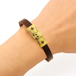 Vintage Bracciale Uomo Pelle PU Bronzo Antico Teschio Croce Punk Braccialetto Gioiello