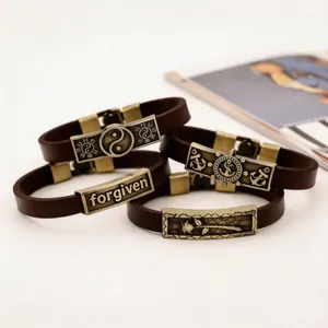 Pulsera de Cuero Retro para Hombre Hebilla de Aleación Punk Brazalete Geométrico Vintage Grabado Letras Unisex Joyería Casual