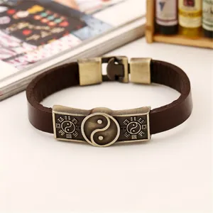 Pulsera de cuero marrón para hombre vintage con hebilla de metal tai chi yin yang joyas
