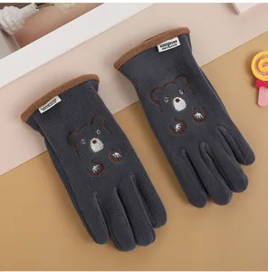 Kinderen winter fleece handschoenen schattige beren borduurwerk warme thermische grijze