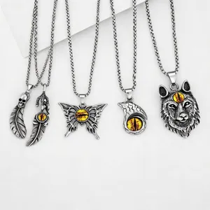 Vintage Alloy Evil Eye Pendant Necklace Men Retro Punk Wolf Head Butterfly Skull Feather Chain Necklace Gothic Jewelry