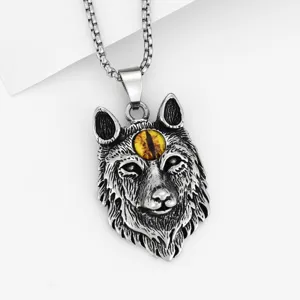 Punk vintage wolf head pendant necklace with yellow evil eye gemstone for men and women.