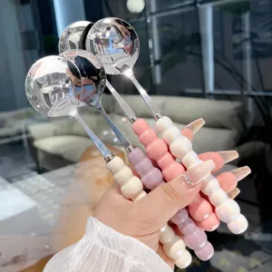 Stainless Steel Soup Spoon Ceramic Long Handle Round Spoon Household Dessert Watermelon Spoon Dinner Tableware