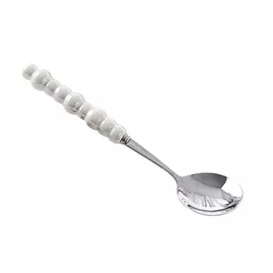 Stainless steel soup spoon with white pearl beaded long handle creative tableware main image.