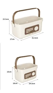 Portable plastic shower basket storage caddy with handle and dimensions for bathroom dorm organization.