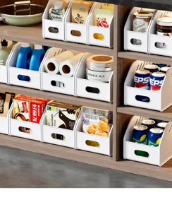Detail view of white plastic cabinet storage bin, ideal for kitchen pantry and desktop organization.