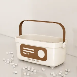 Portable plastic shower caddy basket with handle for bathroom storage and dorm organization.