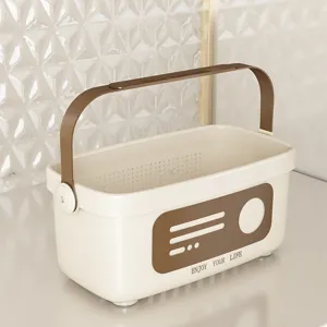 Portable plastic shower caddy basket with handle for dorm bathroom storage and daily use.