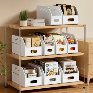 Plastic kitchen storage basket desktop snack organizer container box for cabinet shelf organization.