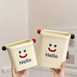 Mini cute desktop trash can with pressure ring, small plastic waste basket for home office.