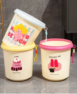 Cute household plastic garbage bin with cartoon design, large storage bucket for room.