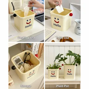 Cute mini desktop trash can with smiley face, storage bucket for office and dorm.