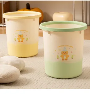 Cute plastic trash can with press ring, cartoon chick design for home kitchen and bathroom use.