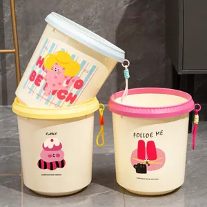 Cute Plastic Trash Can With Press Ring And Braided Rope Large Wastebasket For Home Bathroom Bedroom Dormitory Student
