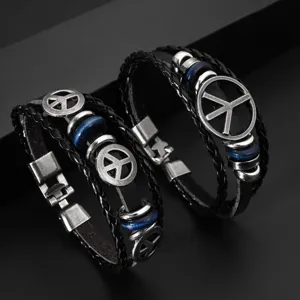 Vintage Multilayer Braided Leather Bracelet With Peace Symbol Alloy Buckle Retro Punk Leather Wristband For Men Women Jewelry
