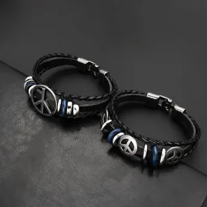 Vintage multi-layer braided leather bracelet with peace sign charm for men and women stylish.