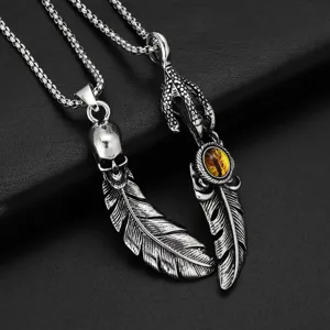 Stainless steel skull feather and evil eye pendant necklace for men punk style details