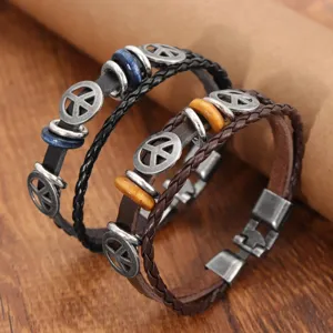 Retro multi-layer braided leather bracelet featuring peace sign charms and metal clasps.