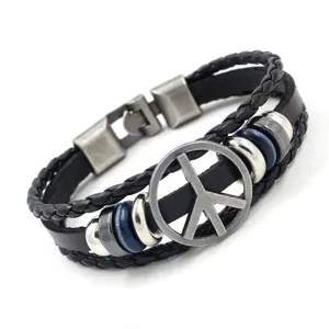 Details of vintage multi-layer black braided leather bracelet with peace sign charm metal clasp.