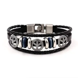 Men's multi-layer braided leather bracelet with vintage metal peace sign charms.