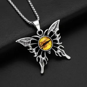 Gothic devil eye butterfly pendant necklace, punk style retro jewelry for men and women detail.
