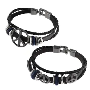 Retro multi-layer braided leather peace symbol bracelet with alloy clasp for daily wear.