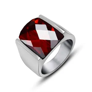 Men retro alloy ring with big cushion cut red gemstone statement fashion jewelry main image