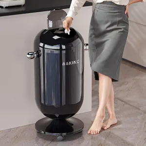 Modern mobile trash can with wheels and swing lid for kitchen home use black gloss design