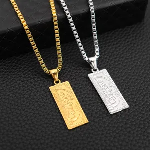 Trendy Alloy Dollar Bill Pendant Necklace With Box Chain Gold Silver Long Bar Necklace Jewelry For Women