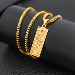 Gold dollar pendant necklace with box chain, stylish hip-hop jewelry accessory for daily wear.