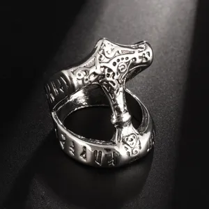 Nordic Viking Thor's Hammer ring for men alloy retro rune engraved jewelry detail shot