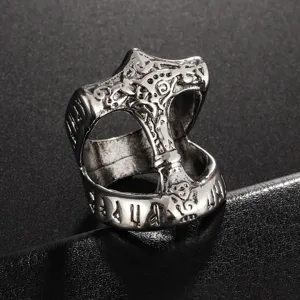 Viking Thor's Hammer men's ring in silver alloy with intricate Norse rune engravings.