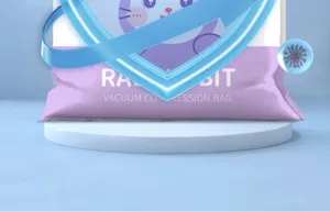 Vacuum compression bag detail showing rabbit pattern and durable seal for clothes storage.