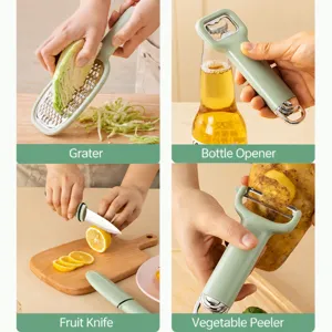 Multifunctional kitchen peeler and grater set with fruit knife and bottle opener tool.