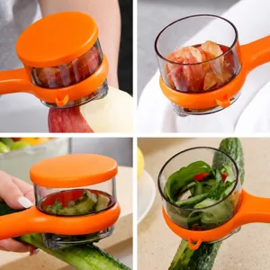 Multi-functional fruit peeler with storage box, kitchen gadget for apples and cucumbers.