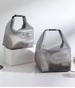 Grey mesh waterproof storage bag tote, portable swimming cosmetic bag for travel fitness.