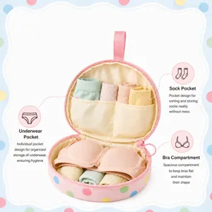 Round travel underwear organizer bag with multiple compartments for bras, panties and socks.