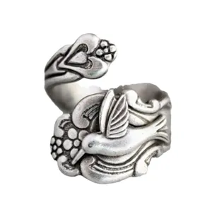 Anello cucchiaio colibri vintage regolabile gioielli floreali argento antico per feste donna