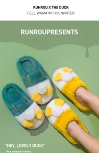 Plush winter slippers for women and men, cute duck design, warm indoor home cotton shoes.