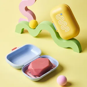 Portable plastic soap box set with drain layer and creative geometric soap design fresh color