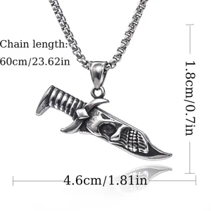 Detailed close-up view of the punk retro gothic skull dagger pendant necklace crafted in alloy.