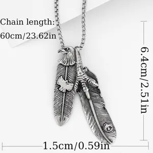 Vintage eagle feather alloy pendant necklace with chain length detail specification display.