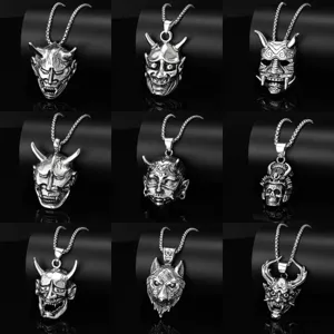 Retro Punk Gothic Alloy Hannya Mask Skull Wolf Pendant Necklace Vintage Silver Men Hip Hop Jewelry Gift