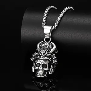 Men retro gothic skull samurai helmet pendant necklace silver metal punk style main view item