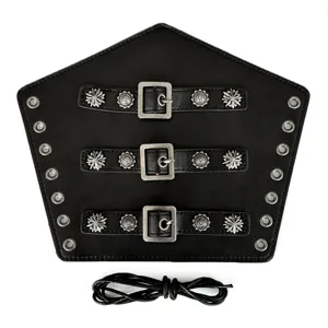 Detail view of medieval punk black leather wrist bracer with metal buckles and rivet details.