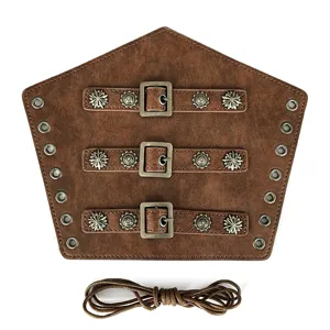 Close-up view of the brown medieval punk leather bracer featuring metal buckles and metal rivets.