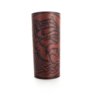 Medieval punk leather bracer for men with embossed wolf design and retro wristband style.