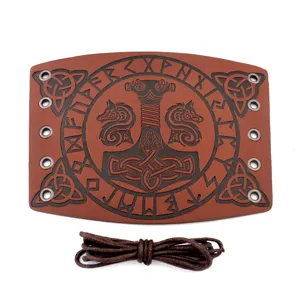Medieval leather wrist bracer for men punk retro wide arm guard with runic embossed design.